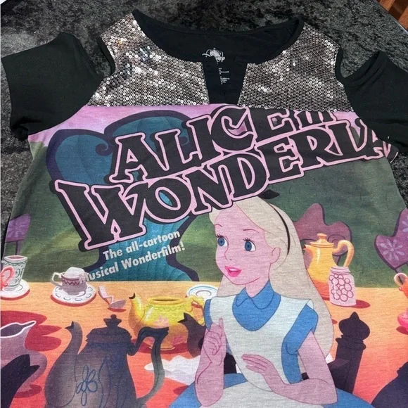 Disney parks Alice in Wonderland cold shoulder sequin embellished  T shirt - Picture 13 of 14